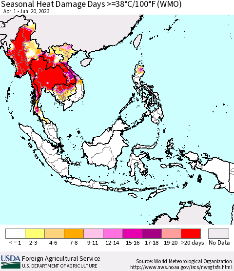 South East Asia Seasonal Heat Damage Days >=38°C/100°F (WMO) Thematic Map For 4/1/2023 - 6/20/2023