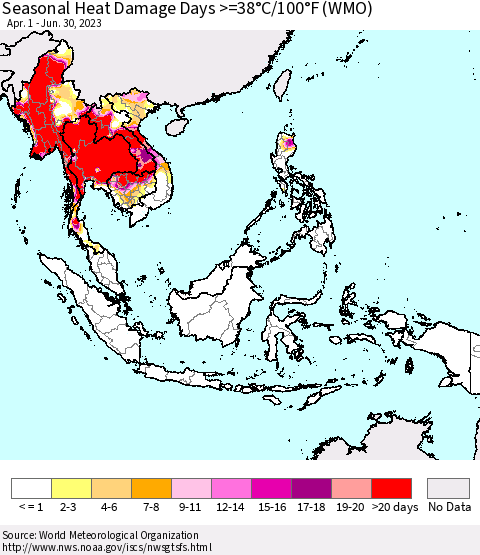 South East Asia Seasonal Heat Damage Days >=38°C/100°F (WMO) Thematic Map For 4/1/2023 - 6/30/2023