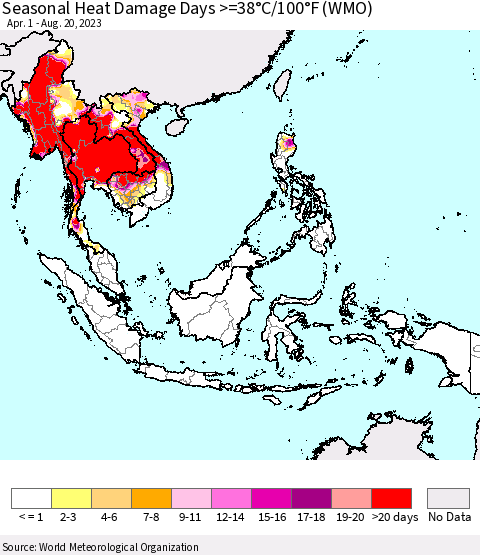South East Asia Seasonal Heat Damage Days >=38°C/100°F (WMO) Thematic Map For 4/1/2023 - 8/20/2023