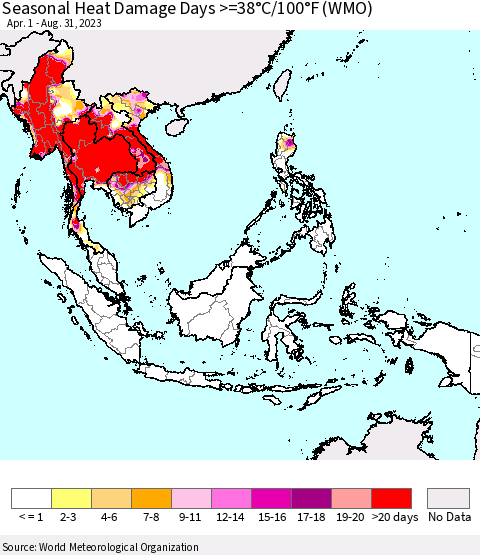 South East Asia Seasonal Heat Damage Days >=38°C/100°F (WMO) Thematic Map For 4/1/2023 - 8/31/2023