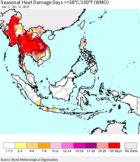 South East Asia Seasonal Heat Damage Days >=38°C/100°F (WMO) Thematic Map For 4/1/2023 - 10/31/2023
