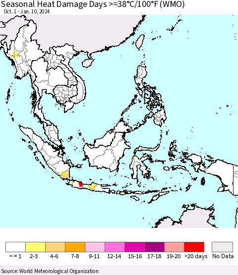 South East Asia Seasonal Heat Damage Days >=38°C/100°F (WMO) Thematic Map For 10/1/2023 - 1/10/2024