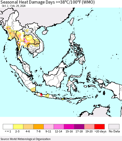 South East Asia Seasonal Heat Damage Days >=38°C/100°F (WMO) Thematic Map For 10/1/2023 - 2/29/2024