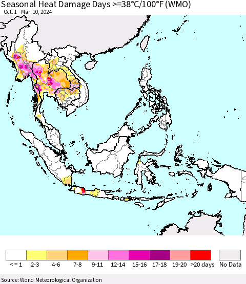 South East Asia Seasonal Heat Damage Days >=38°C/100°F (WMO) Thematic Map For 10/1/2023 - 3/10/2024