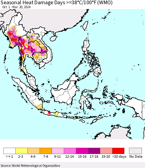 South East Asia Seasonal Heat Damage Days >=38°C/100°F (WMO) Thematic Map For 10/1/2023 - 3/20/2024