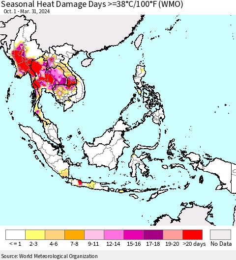 South East Asia Seasonal Heat Damage Days >=38°C/100°F (WMO) Thematic Map For 10/1/2023 - 3/31/2024