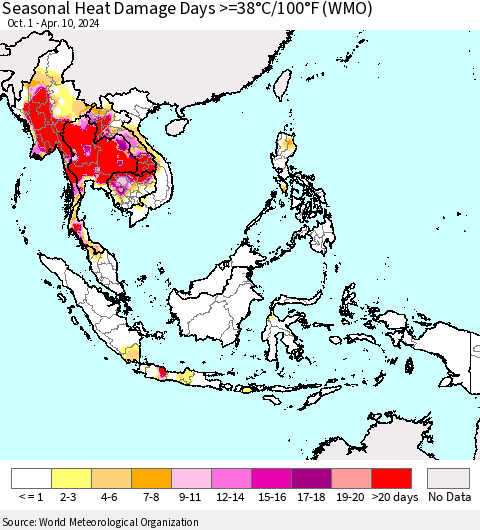 South East Asia Seasonal Heat Damage Days >=38°C/100°F (WMO) Thematic Map For 10/1/2023 - 4/10/2024
