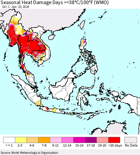 South East Asia Seasonal Heat Damage Days >=38°C/100°F (WMO) Thematic Map For 10/1/2023 - 4/20/2024