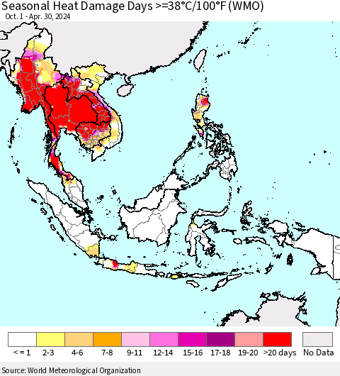 South East Asia Seasonal Heat Damage Days >=38°C/100°F (WMO) Thematic Map For 10/1/2023 - 4/30/2024
