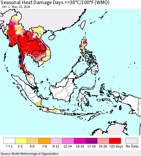South East Asia Seasonal Heat Damage Days >=38°C/100°F (WMO) Thematic Map For 10/1/2023 - 5/10/2024