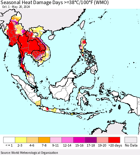 South East Asia Seasonal Heat Damage Days >=38°C/100°F (WMO) Thematic Map For 10/1/2023 - 5/20/2024