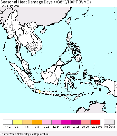 South East Asia Seasonal Heat Damage Days >=38°C/100°F (WMO) Thematic Map For 10/1/2023 - 10/10/2023