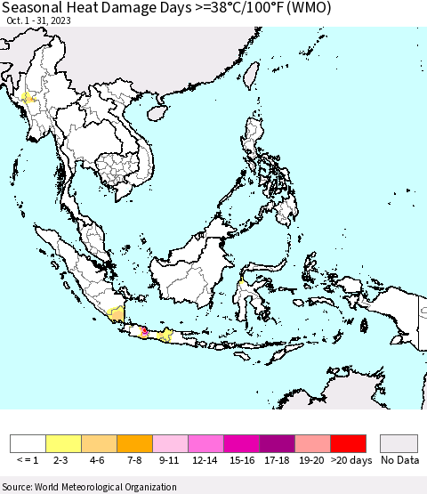 South East Asia Seasonal Heat Damage Days >=38°C/100°F (WMO) Thematic Map For 10/1/2023 - 10/31/2023