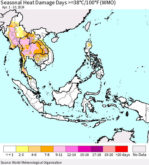South East Asia Seasonal Heat Damage Days >=38°C/100°F (WMO) Thematic Map For 4/1/2024 - 4/10/2024