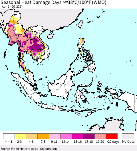 South East Asia Seasonal Heat Damage Days >=38°C/100°F (WMO) Thematic Map For 4/1/2024 - 4/20/2024
