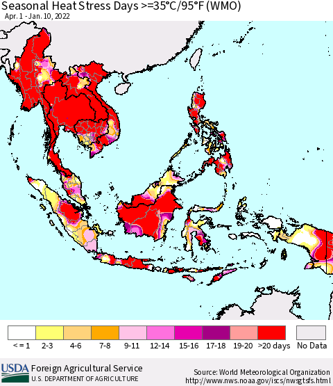 South East Asia Seasonal Heat Stress Days >=35°C/95°F (WMO) Thematic Map For 4/1/2021 - 1/10/2022