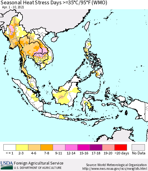South East Asia Seasonal Heat Stress Days >=35°C/95°F (WMO) Thematic Map For 4/1/2021 - 4/10/2021