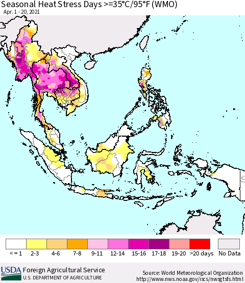 South East Asia Seasonal Heat Stress Days >=35°C/95°F (WMO) Thematic Map For 4/1/2021 - 4/20/2021