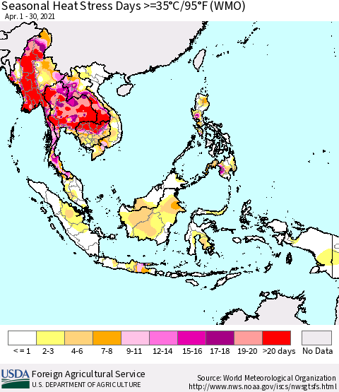 South East Asia Seasonal Heat Stress Days >=35°C/95°F (WMO) Thematic Map For 4/1/2021 - 4/30/2021