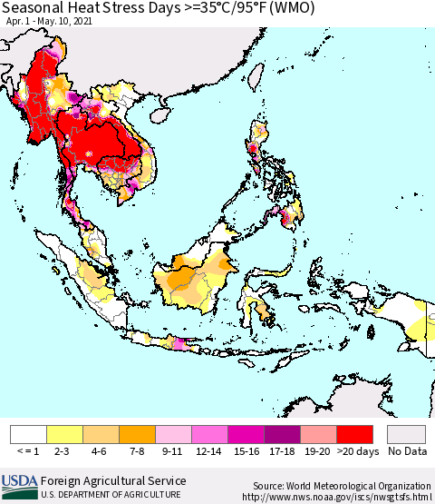 South East Asia Seasonal Heat Stress Days >=35°C/95°F (WMO) Thematic Map For 4/1/2021 - 5/10/2021