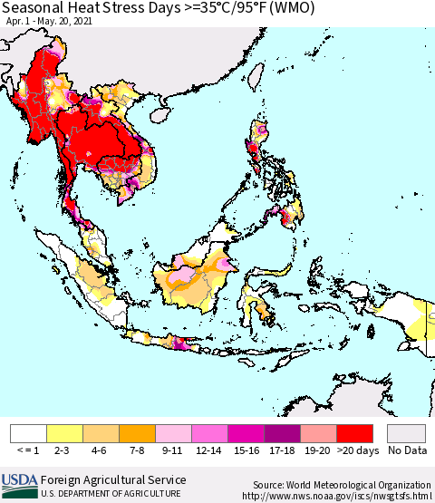 South East Asia Seasonal Heat Stress Days >=35°C/95°F (WMO) Thematic Map For 4/1/2021 - 5/20/2021