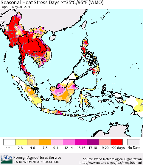 South East Asia Seasonal Heat Stress Days >=35°C/95°F (WMO) Thematic Map For 4/1/2021 - 5/31/2021