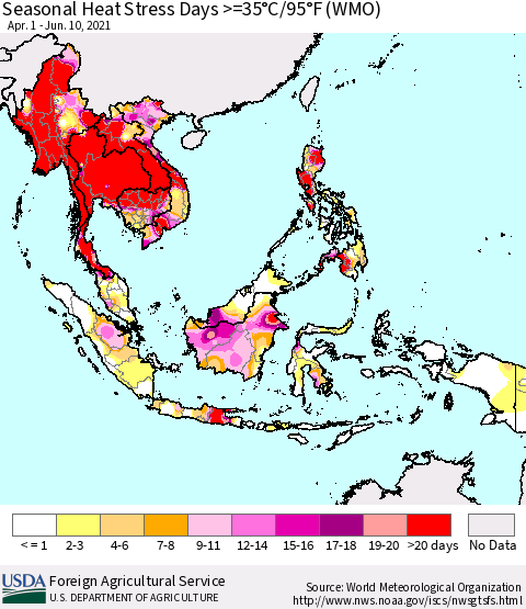 South East Asia Seasonal Heat Stress Days >=35°C/95°F (WMO) Thematic Map For 4/1/2021 - 6/10/2021