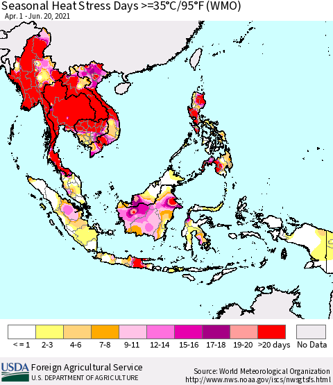 South East Asia Seasonal Heat Stress Days >=35°C/95°F (WMO) Thematic Map For 4/1/2021 - 6/20/2021