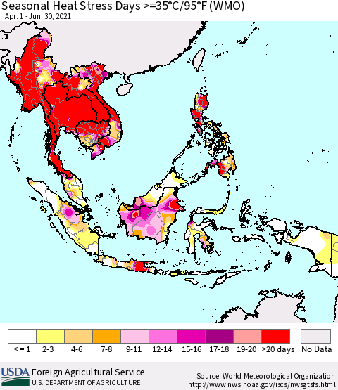 South East Asia Seasonal Heat Stress Days >=35°C/95°F (WMO) Thematic Map For 4/1/2021 - 6/30/2021