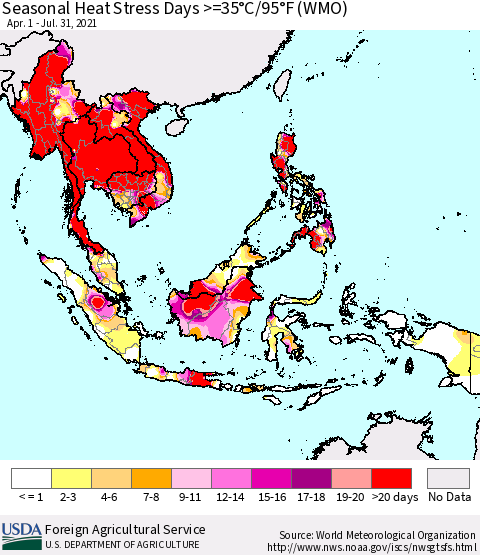 South East Asia Seasonal Heat Stress Days >=35°C/95°F (WMO) Thematic Map For 4/1/2021 - 7/31/2021