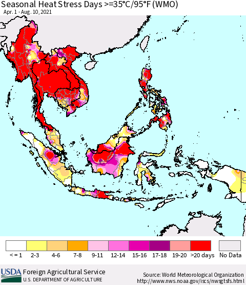 South East Asia Seasonal Heat Stress Days >=35°C/95°F (WMO) Thematic Map For 4/1/2021 - 8/10/2021