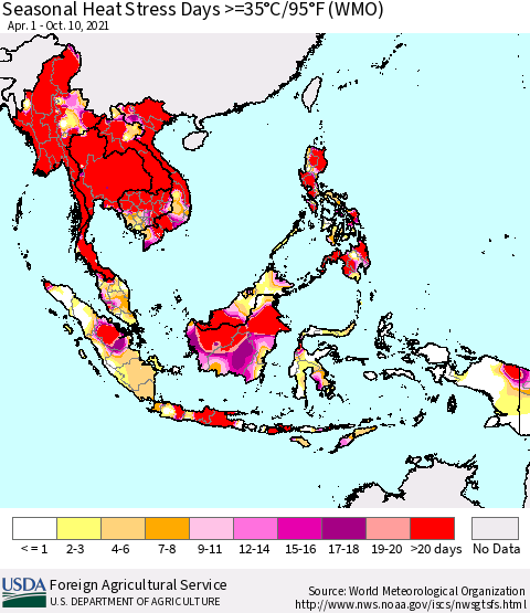 South East Asia Seasonal Heat Stress Days >=35°C/95°F (WMO) Thematic Map For 4/1/2021 - 10/10/2021