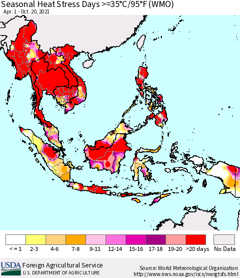 South East Asia Seasonal Heat Stress Days >=35°C/95°F (WMO) Thematic Map For 4/1/2021 - 10/20/2021