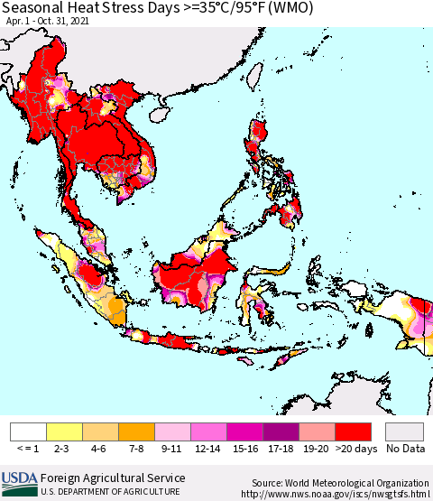 South East Asia Seasonal Heat Stress Days >=35°C/95°F (WMO) Thematic Map For 4/1/2021 - 10/31/2021