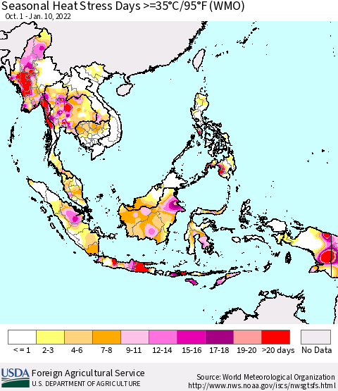 South East Asia Seasonal Heat Stress Days >=35°C/95°F (WMO) Thematic Map For 10/1/2021 - 1/10/2022