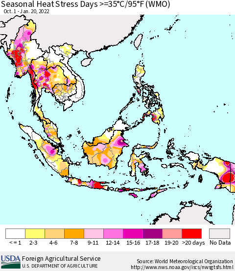South East Asia Seasonal Heat Stress Days >=35°C/95°F (WMO) Thematic Map For 10/1/2021 - 1/20/2022