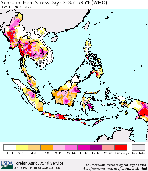 South East Asia Seasonal Heat Stress Days >=35°C/95°F (WMO) Thematic Map For 10/1/2021 - 1/31/2022