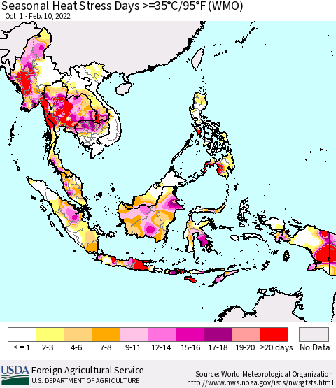 South East Asia Seasonal Heat Stress Days >=35°C/95°F (WMO) Thematic Map For 10/1/2021 - 2/10/2022