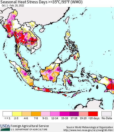 South East Asia Seasonal Heat Stress Days >=35°C/95°F (WMO) Thematic Map For 10/1/2021 - 2/20/2022