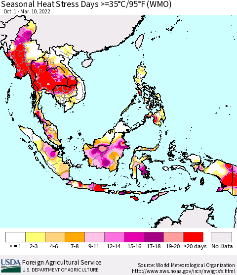 South East Asia Seasonal Heat Stress Days >=35°C/95°F (WMO) Thematic Map For 10/1/2021 - 3/10/2022