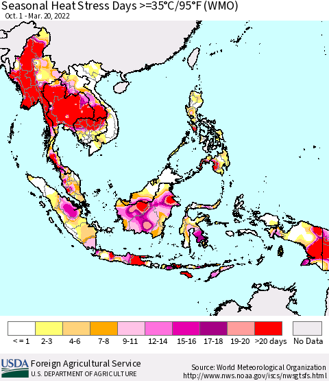 South East Asia Seasonal Heat Stress Days >=35°C/95°F (WMO) Thematic Map For 10/1/2021 - 3/20/2022
