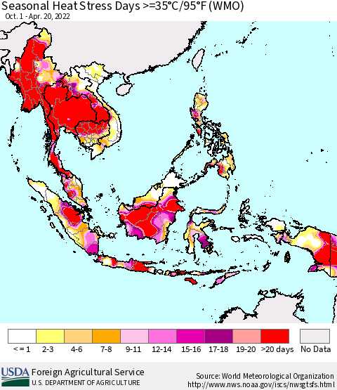 South East Asia Seasonal Heat Stress Days >=35°C/95°F (WMO) Thematic Map For 10/1/2021 - 4/20/2022