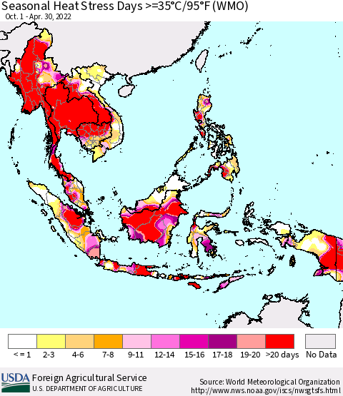 South East Asia Seasonal Heat Stress Days >=35°C/95°F (WMO) Thematic Map For 10/1/2021 - 4/30/2022