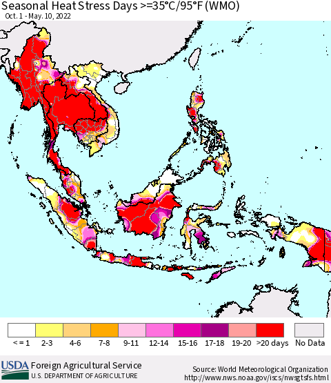 South East Asia Seasonal Heat Stress Days >=35°C/95°F (WMO) Thematic Map For 10/1/2021 - 5/10/2022
