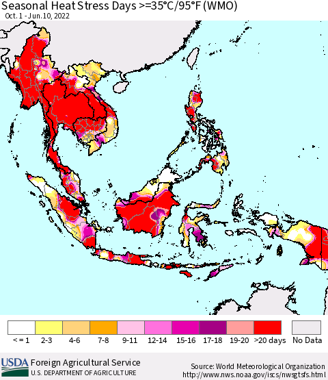 South East Asia Seasonal Heat Stress Days >=35°C/95°F (WMO) Thematic Map For 10/1/2021 - 6/10/2022