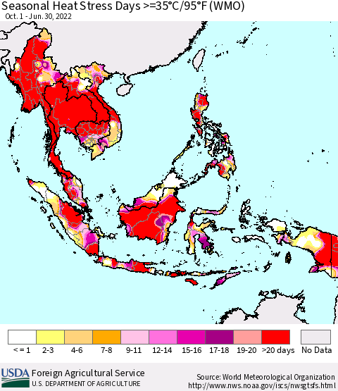 South East Asia Seasonal Heat Stress Days >=35°C/95°F (WMO) Thematic Map For 10/1/2021 - 6/30/2022