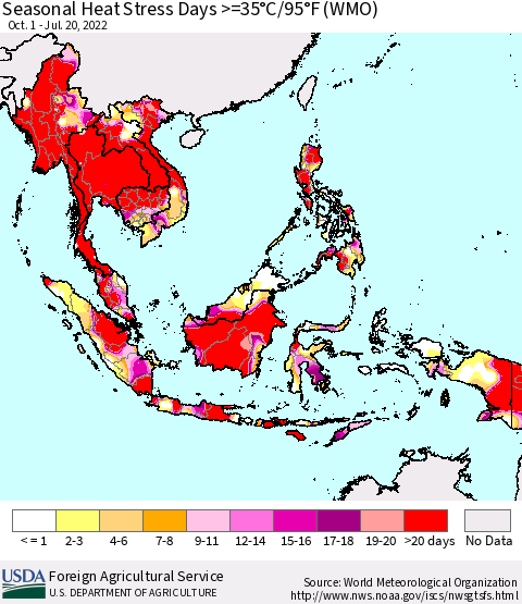South East Asia Seasonal Heat Stress Days >=35°C/95°F (WMO) Thematic Map For 10/1/2021 - 7/20/2022