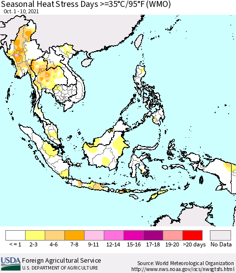 South East Asia Seasonal Heat Stress Days >=35°C/95°F (WMO) Thematic Map For 10/1/2021 - 10/10/2021