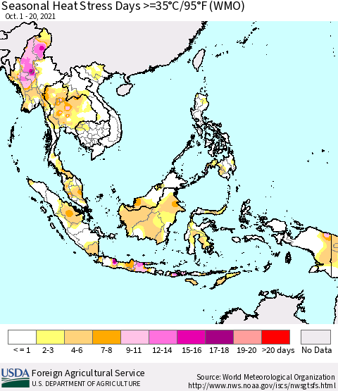 South East Asia Seasonal Heat Stress Days >=35°C/95°F (WMO) Thematic Map For 10/1/2021 - 10/20/2021