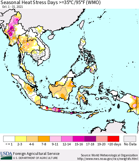 South East Asia Seasonal Heat Stress Days >=35°C/95°F (WMO) Thematic Map For 10/1/2021 - 10/31/2021